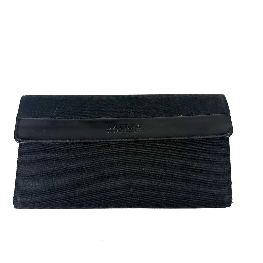 Ralph Lauren Vintage Wallet Black Canvas Faux Leather Checkbook Holder Organizer